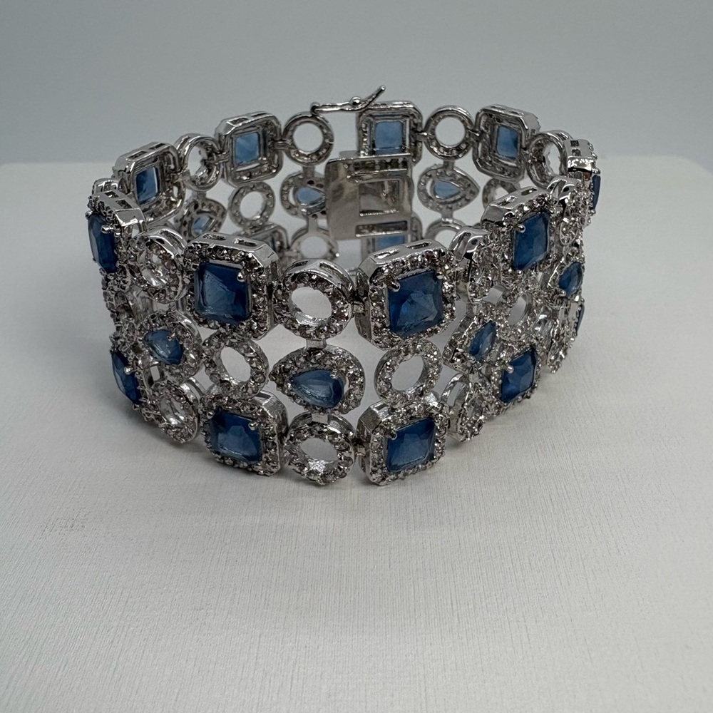 Wide Diamond And Blue Sapphire Cubic Zirconia Silver Link Bridal Bracelet